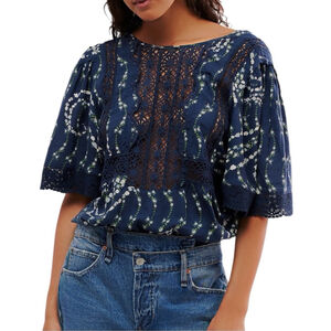 Free People Bali Tate Mixed Media Crochet Floral Printed Bodysuit Blue Sz S